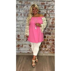 Elzera Pink Off Shoulder Dress‎ Crochet Bell Sleeves Tassel Accent Boho 2XL
